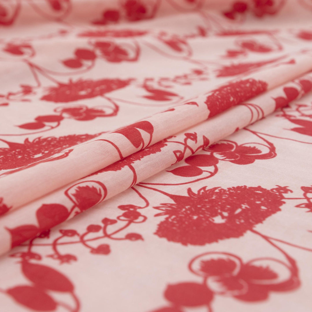 Scarlet Petal Symphony Silk/Cotton Fabric - Watercolor Floral Print for Elegant Dresses & Blouses