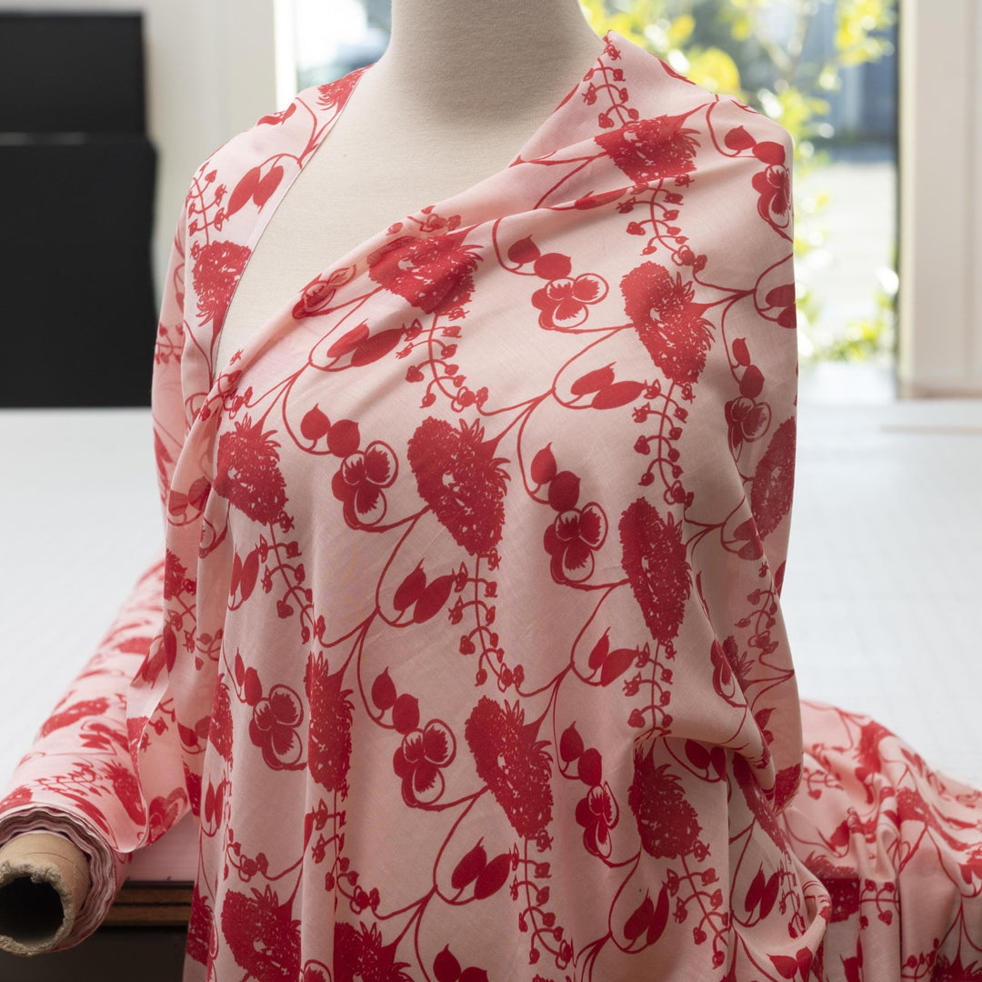 Scarlet Petal Symphony Silk/Cotton Fabric - Watercolor Floral Print for Elegant Dresses & Blouses
