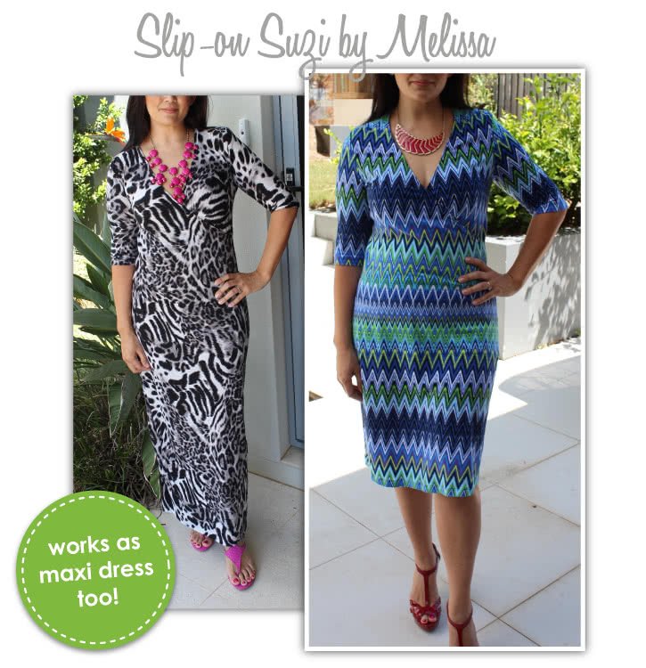 Style Arc Slip-On Suzie Dress sewing pattern with faux wrap design and cap or long sleeve options