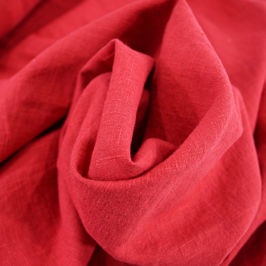 Soft Wash Linen in vibrant cayenne red color, 100% pre-washed linen fabric perfect for sewing dresses, jackets, and handmade garments.

