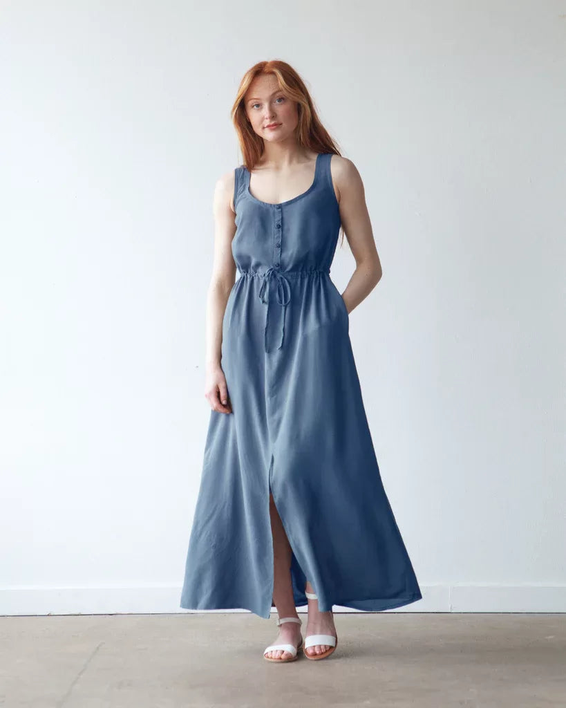 True Bias Southport Dress sewing pattern with button-front closure, drawstring waist, inseam pockets, mid-length and maxi-length options
