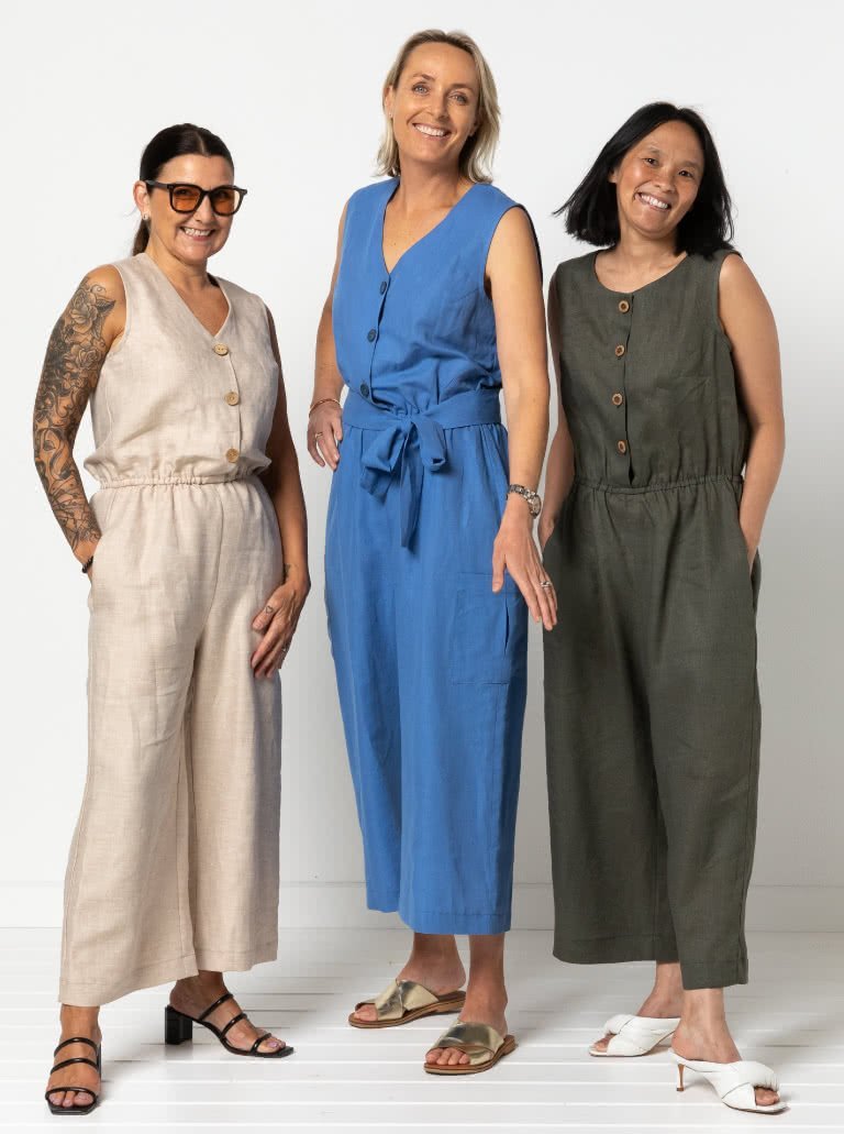 Style Arc Birdie Jumpsuit sewing pattern with sleeveless bodice options, elastic waist, and wide-leg pants
