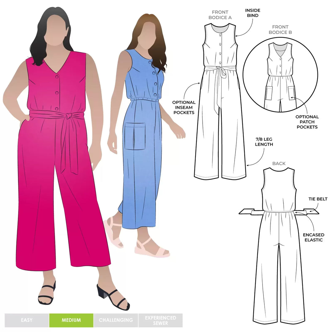 Style Arc Birdie Jumpsuit sewing pattern with sleeveless bodice options, elastic waist, and wide-leg pants