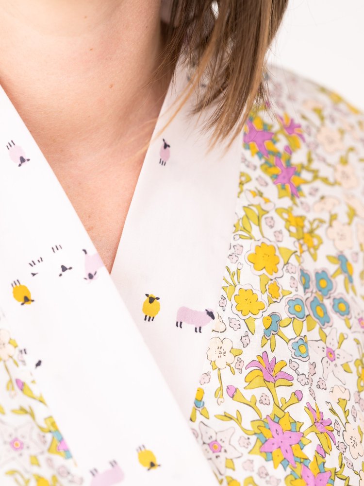Sweet Dreams Signature Robe in vintage floral print with delicate sheep accents, lightweight rayon challis fabric.