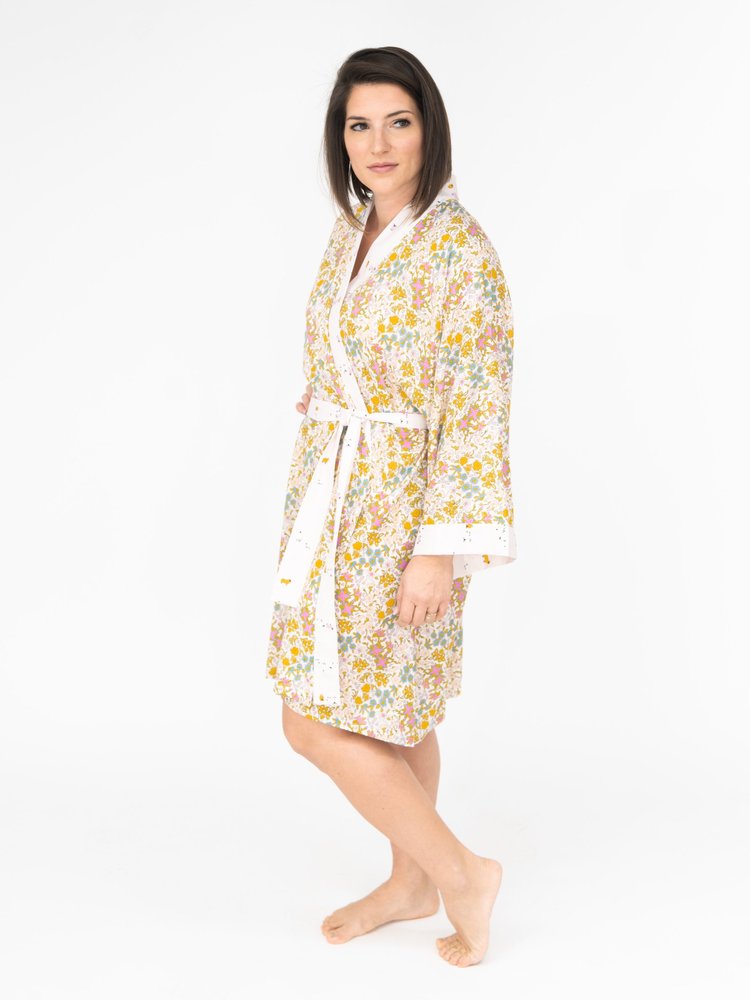 Sweet Dreams Signature Robe in vintage floral print with delicate sheep accents, lightweight rayon challis fabric.