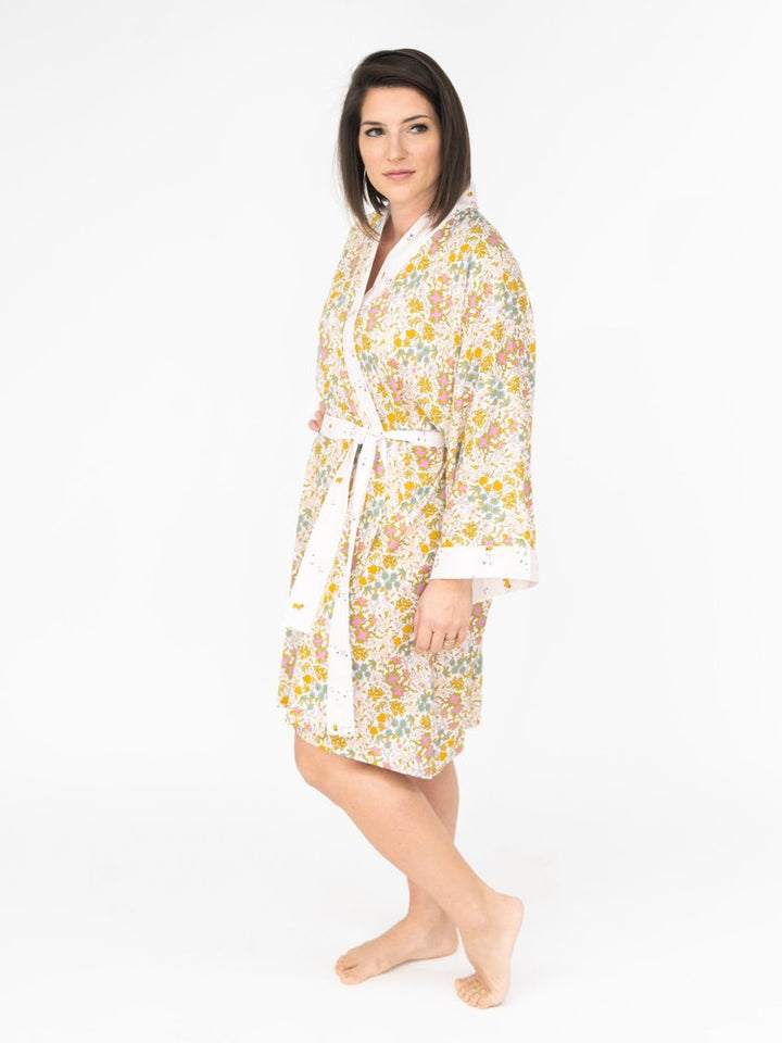 Sweet Dreams Signature Robe in vintage floral print with delicate sheep accents, lightweight rayon challis fabric.