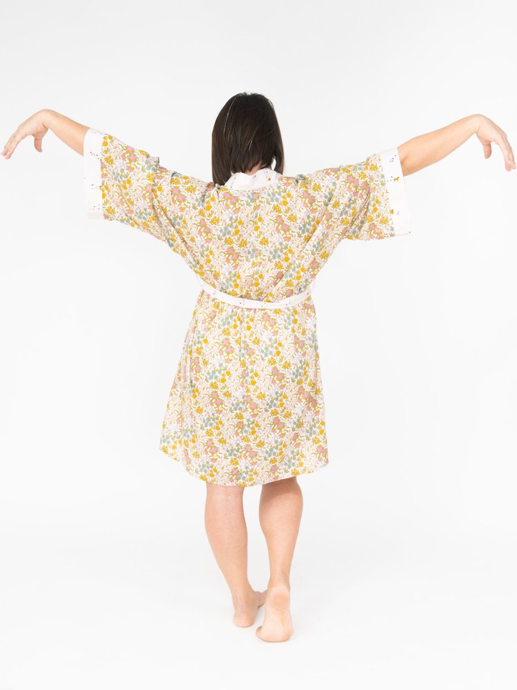 Sweet Dreams Signature Robe in vintage floral print with delicate sheep accents, lightweight rayon challis fabric.