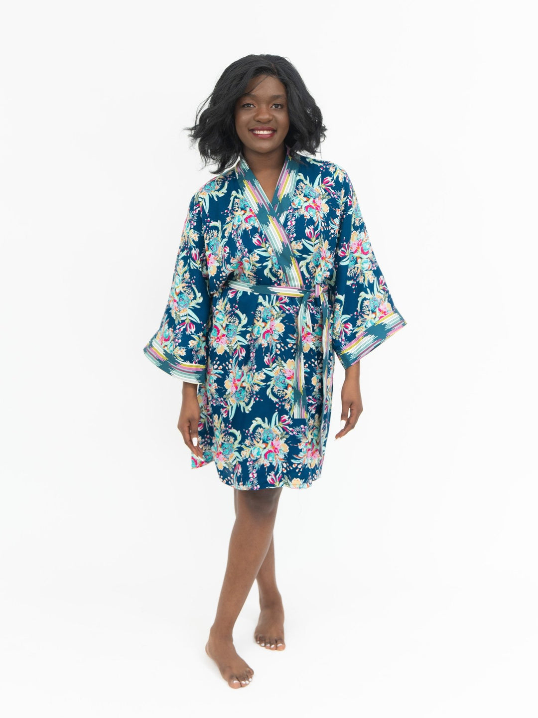 Signature Robe Tropical Teal Kimono-Style Floral Print Lounge Wear