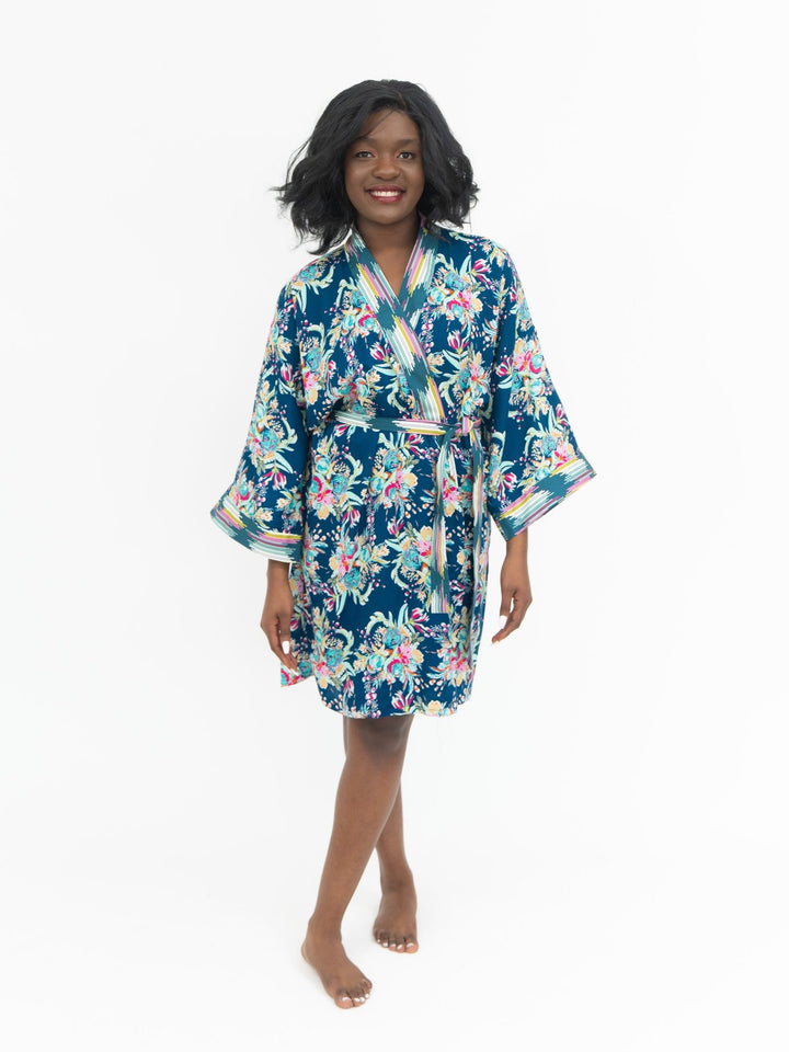 Signature Robe Tropical Teal Kimono-Style Floral Print Lounge Wear
