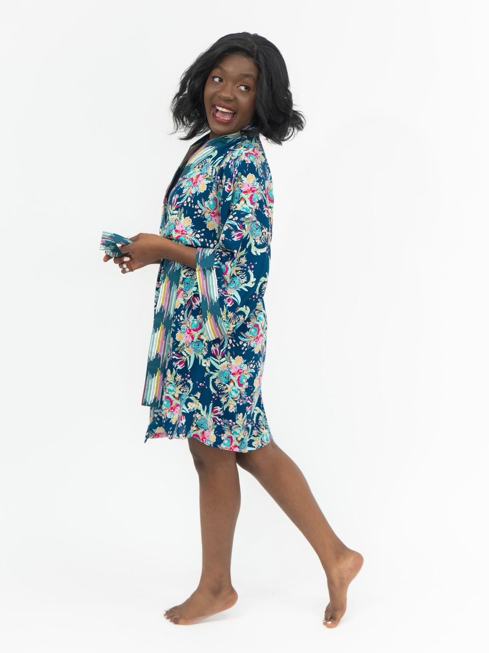 Signature Robe Tropical Teal Kimono-Style Floral Print Lounge Wear
