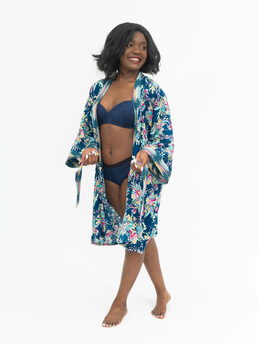 Signature Robe Tropical Teal Kimono-Style Floral Print Lounge Wear