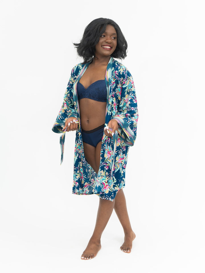 Signature Robe Tropical Teal Kimono-Style Floral Print Lounge Wear