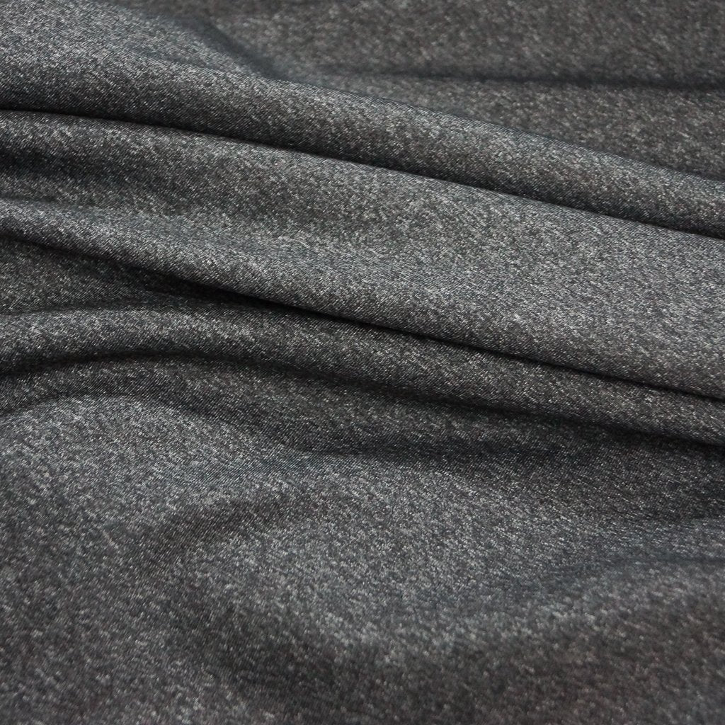 Heathered charcoal stretch supplex fabric, OEKO-TEX certified, soft nylon spandex blend for leggings, yoga wear, and activewear sewing