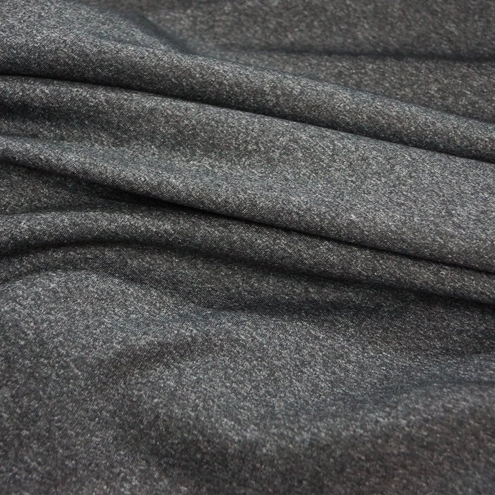 Heathered charcoal stretch supplex fabric, OEKO-TEX certified, soft nylon spandex blend for leggings, yoga wear, and activewear sewing