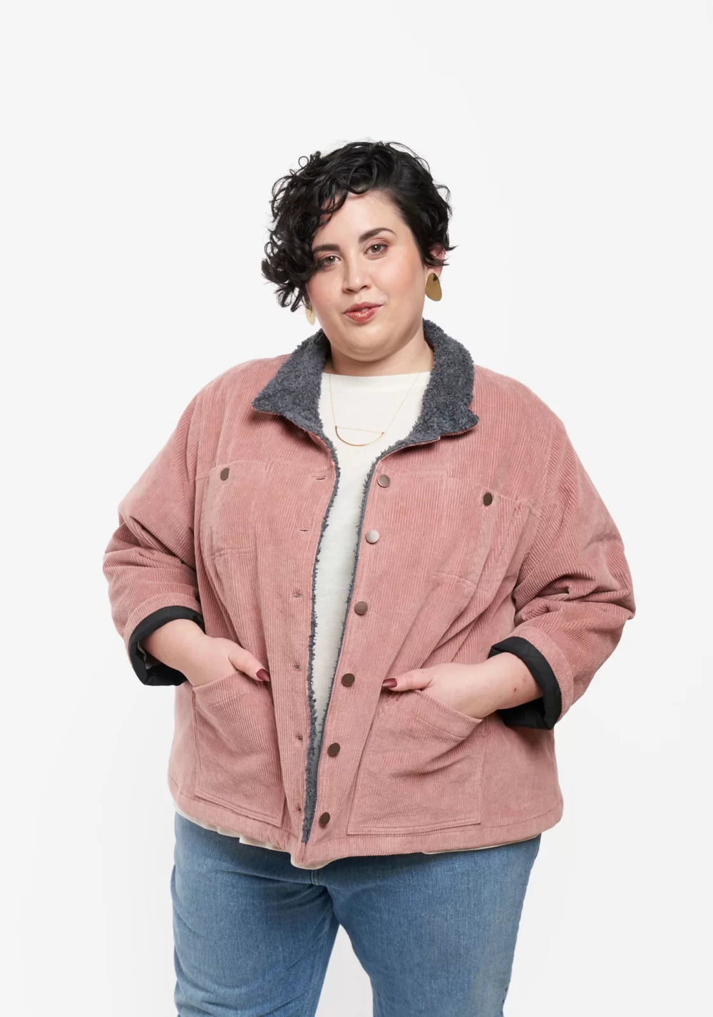 Grainline Studio Thayer Jacket sewing pattern sizes 14–30 with A-line shape, patch and yoke pockets, two-piece sleeves, fully lined for warmth