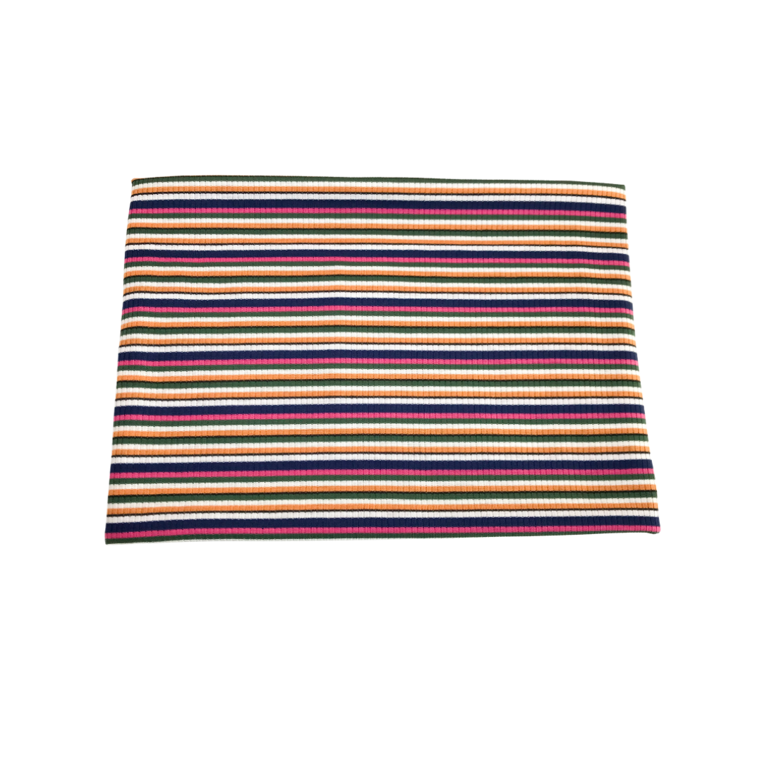 Multi-stripe rayon rib knit fabric in harvest tones with orange, green, gold, and magenta stripes, displayed flat showing ribbed texture and stretch.