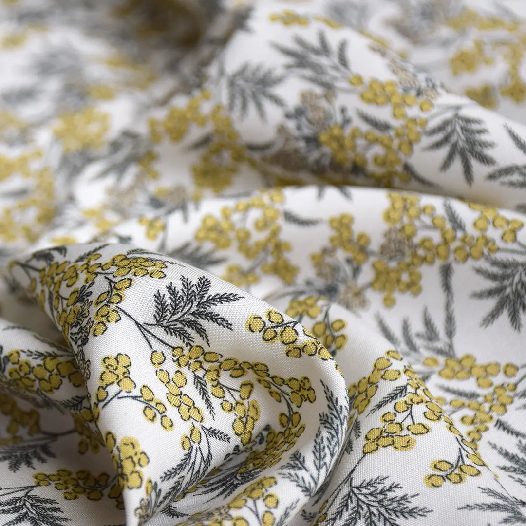Viscose Challis - Winter Berries fabric in white and yellow, 55-inch width, lightweight 100% viscose textile from Portugal for dresses, skirts, and blouses