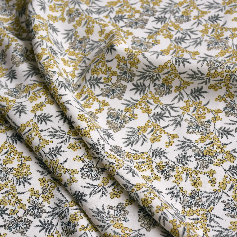 Viscose Challis - Winter Berries fabric in white and yellow, 55-inch width, lightweight 100% viscose textile from Portugal for dresses, skirts, and blouses