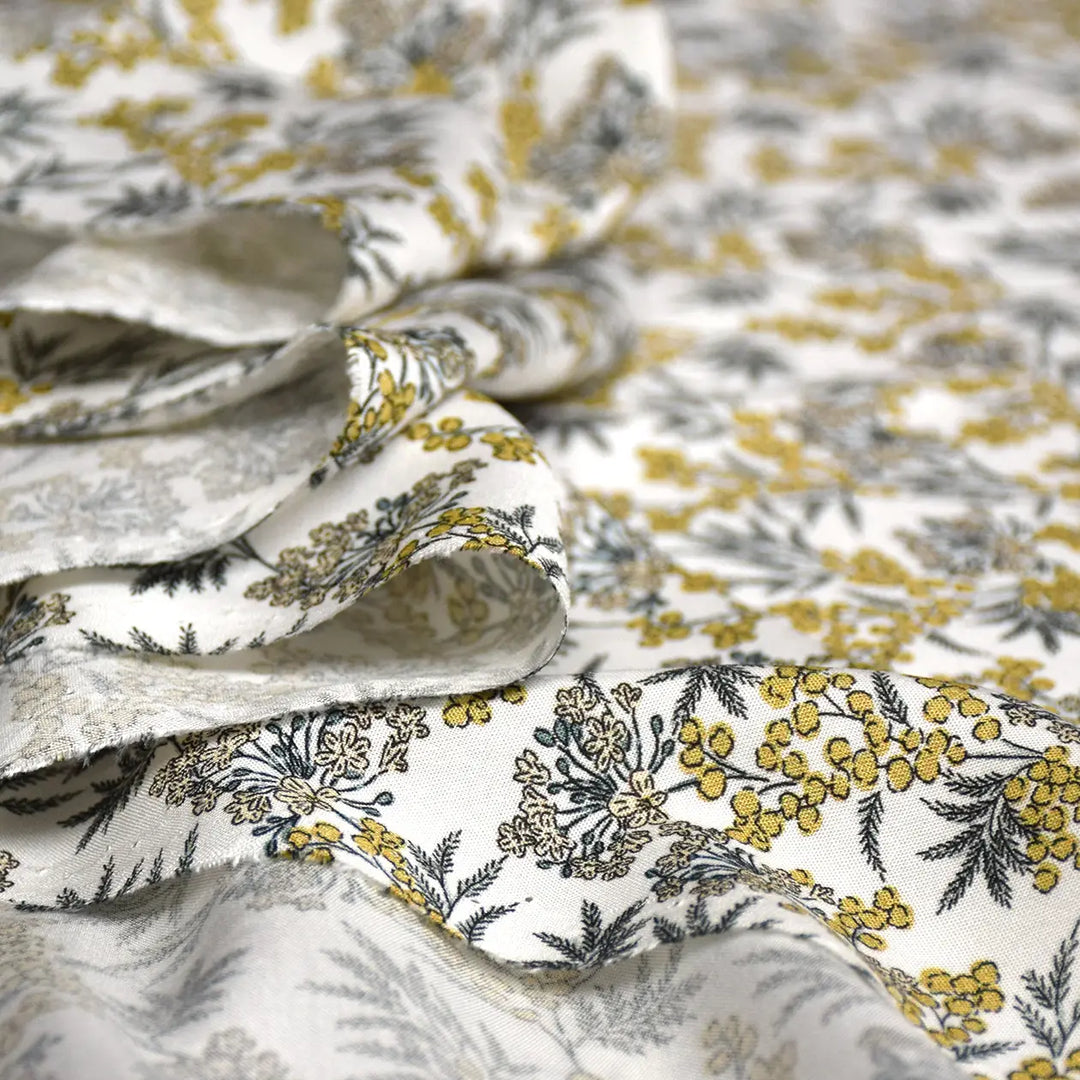Viscose Challis - Winter Berries fabric in white and yellow, 55-inch width, lightweight 100% viscose textile from Portugal for dresses, skirts, and blouses