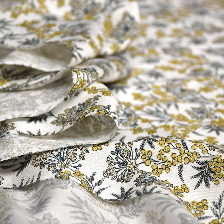 Viscose Challis - Winter Berries fabric in white and yellow, 55-inch width, lightweight 100% viscose textile from Portugal for dresses, skirts, and blouses