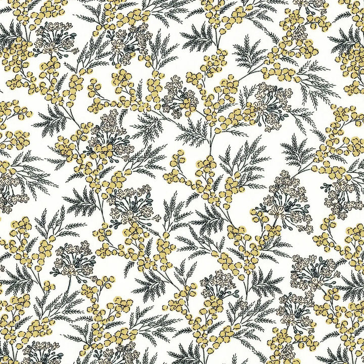 Viscose Challis - Winter Berries fabric in white and yellow, 55-inch width, lightweight 100% viscose textile from Portugal for dresses, skirts, and blouses