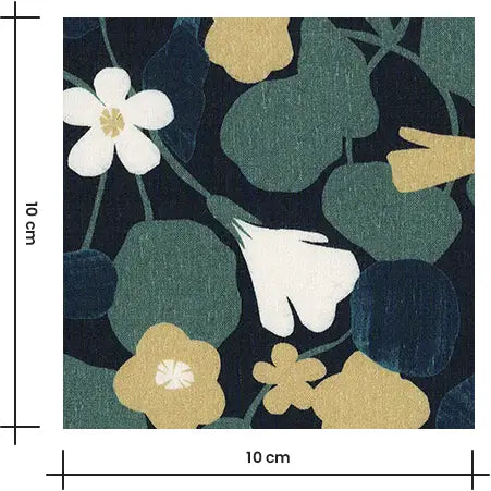 Viscose Challis fabric featuring Capucine flowers pattern in black, green, and yellow, perfect for dresses, skirts, and blouses.