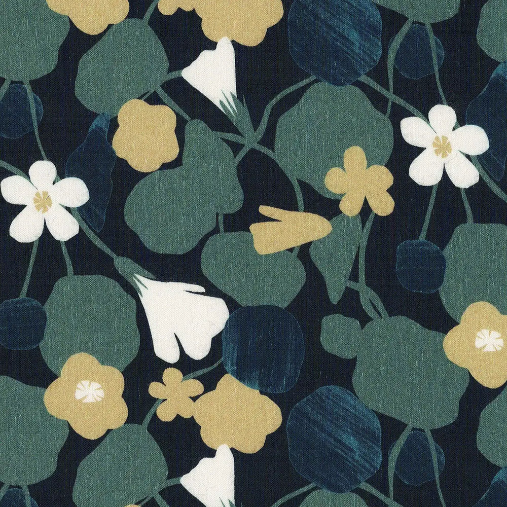 Viscose Challis fabric featuring Capucine flowers pattern in black, green, and yellow, perfect for dresses, skirts, and blouses.