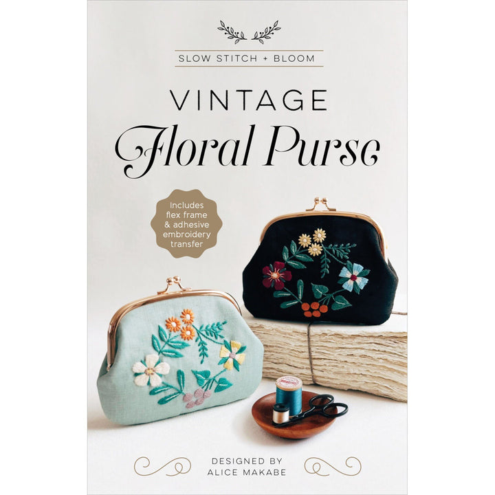Vintage Floral Purse Kit with floral wreath embroidery design by Alice Makabe, including clasp and transfer.