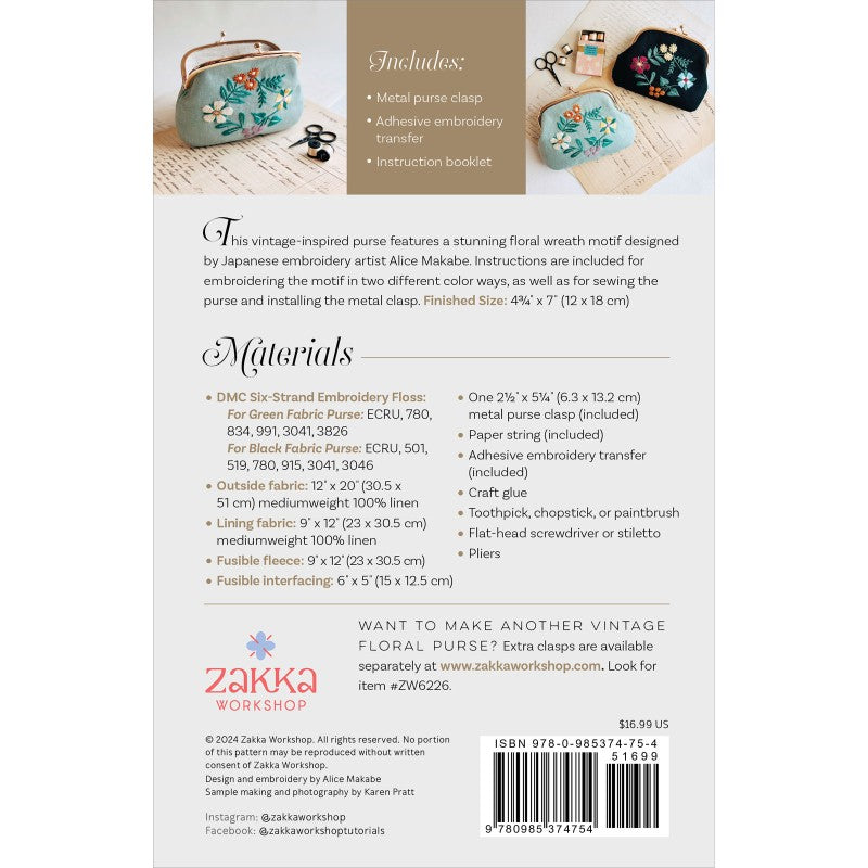 Vintage Floral Purse Kit with floral wreath embroidery design by Alice Makabe, including clasp and transfer.