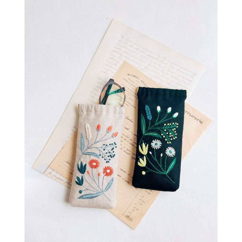 Wildflower Eyeglass Case Kit with floral motif by Alice Makabe, including flex frame and embroidery transfer.