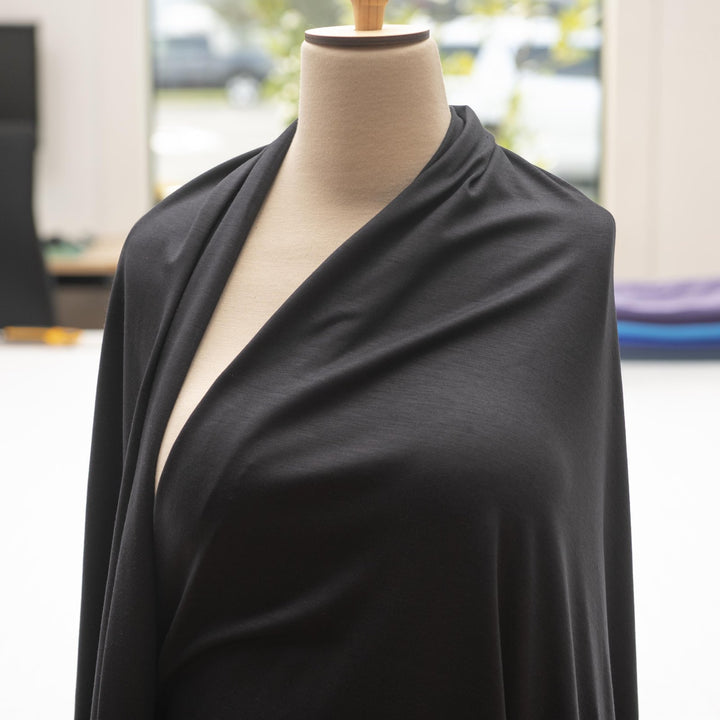 Black Wool Spandex Jersey Knit Fabric - 97% Wool 3% Spandex - 4-Way Stretch Soft Knit for Sewing