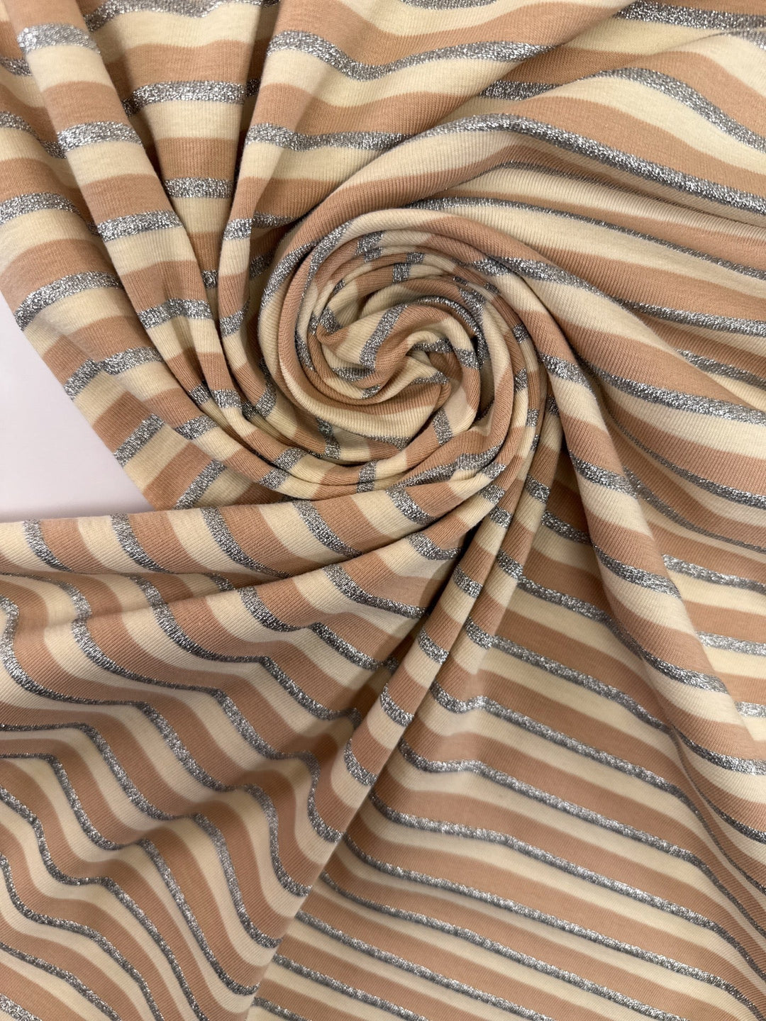 Mid-weight knit fabric with beige, brown, and silver metallic stripes, French origin, 52-inch width
