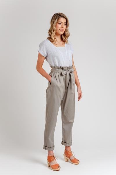 Megan Nielsen Opal sewing pattern for high-waist pants and shorts with paper bag and elastic waist options