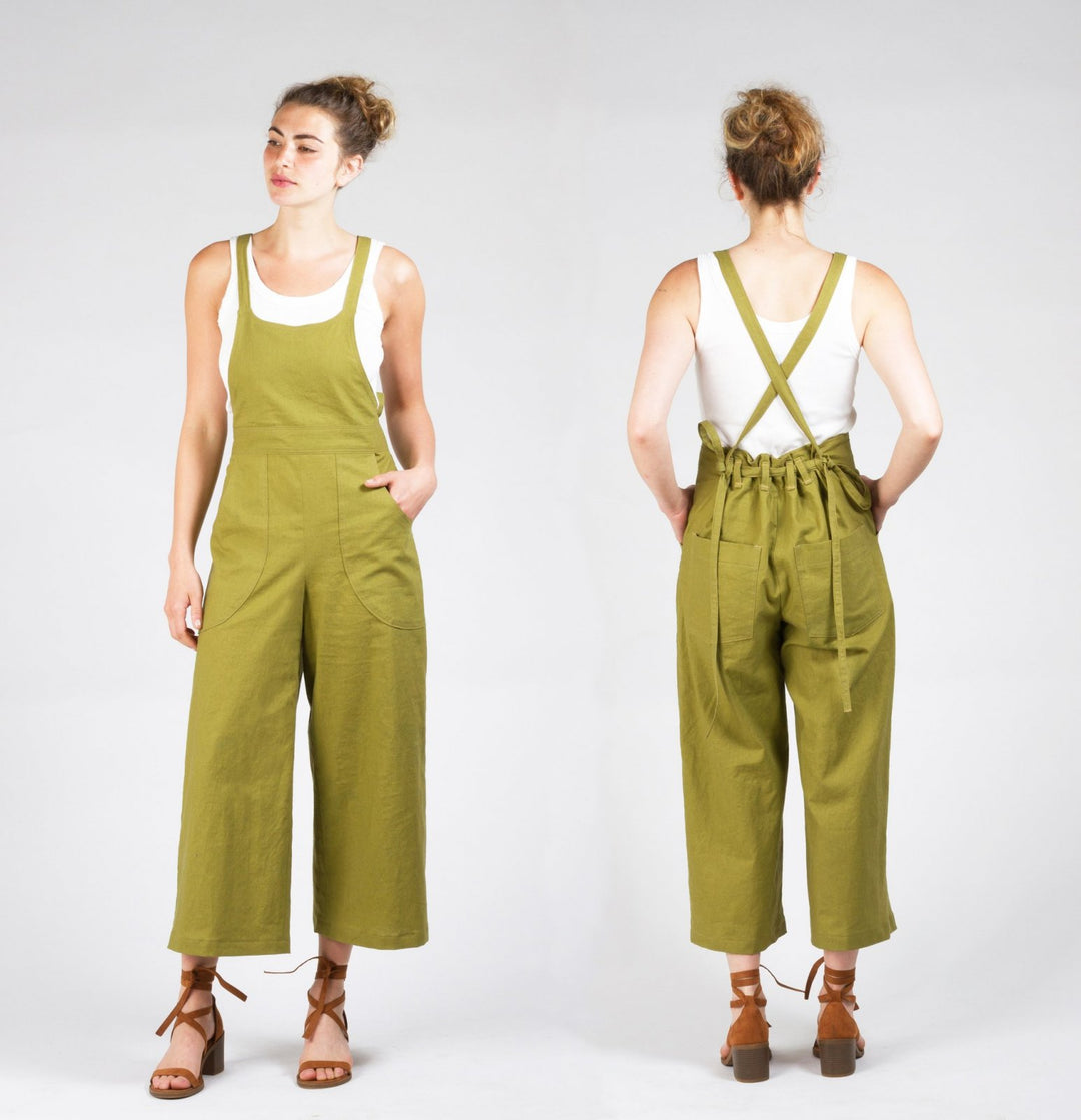Sew House Seven Burnside Bibs sewing pattern – versatile overalls with adjustable straps, pockets, and wide-leg options