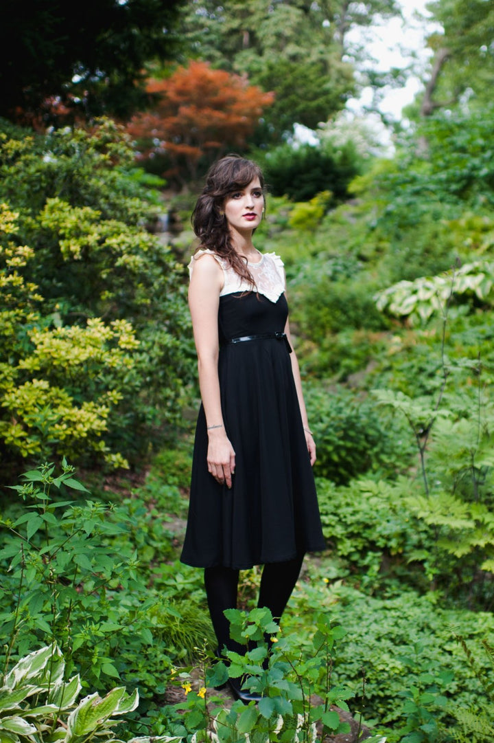 Victory Patterns Ava sweetheart neckline dress with flared skirt, pleated bodice, and sleeve options