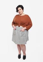Grainline Studio Reed Skirt sewing pattern sizes 0–18 with inset and patch pockets, button front or invisible zipper closure, medium-weight fabrics