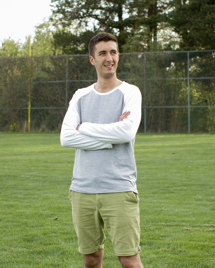 Thread Theory Sayward Raglan sewing pattern casual t-shirt with curved raglan seams and slim sleeves