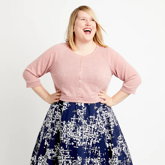 Cashmerette Fuller Cardigan sewing pattern with raglan sleeves, shoulder and bust darts, deep V-neck, and cropped or mid-hip lengths”