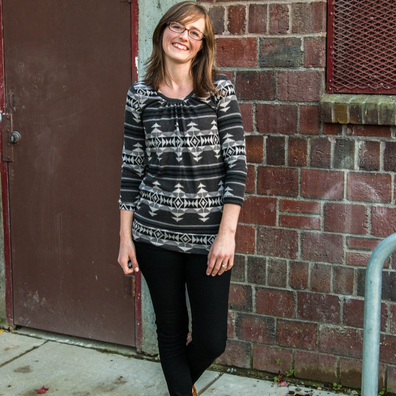Straight Stitch Designs Ballard tunic sewing pattern with scoop neckline, 3/4 sleeves, banded hem, and stylish open back detail