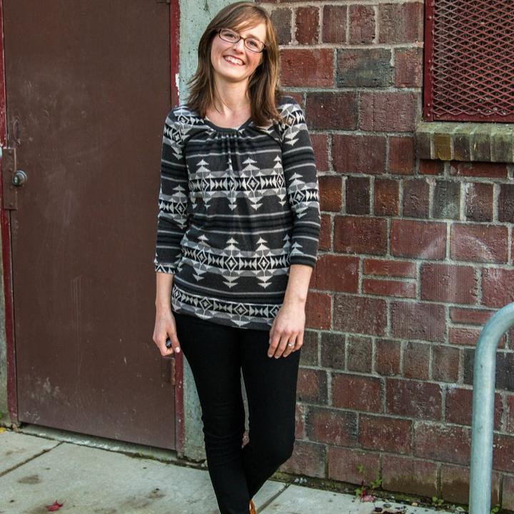Straight Stitch Designs Ballard tunic sewing pattern with scoop neckline, 3/4 sleeves, banded hem, and stylish open back detail