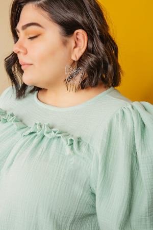 Friday Pattern Co. Sagebrush Top sewing pattern – puff sleeve blouse with gathered front detail, sizes XS–7X