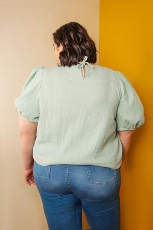 Friday Pattern Co. Sagebrush Top sewing pattern – puff sleeve blouse with gathered front detail, sizes XS–7X