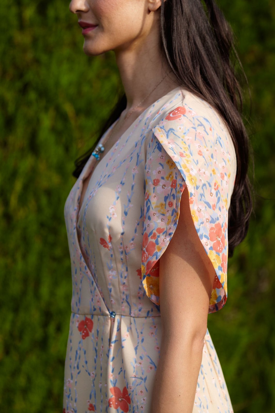 Victory Patterns Nicola wrap dress with tulip skirt, petal sleeves, and sash closure in lightweight fabric
