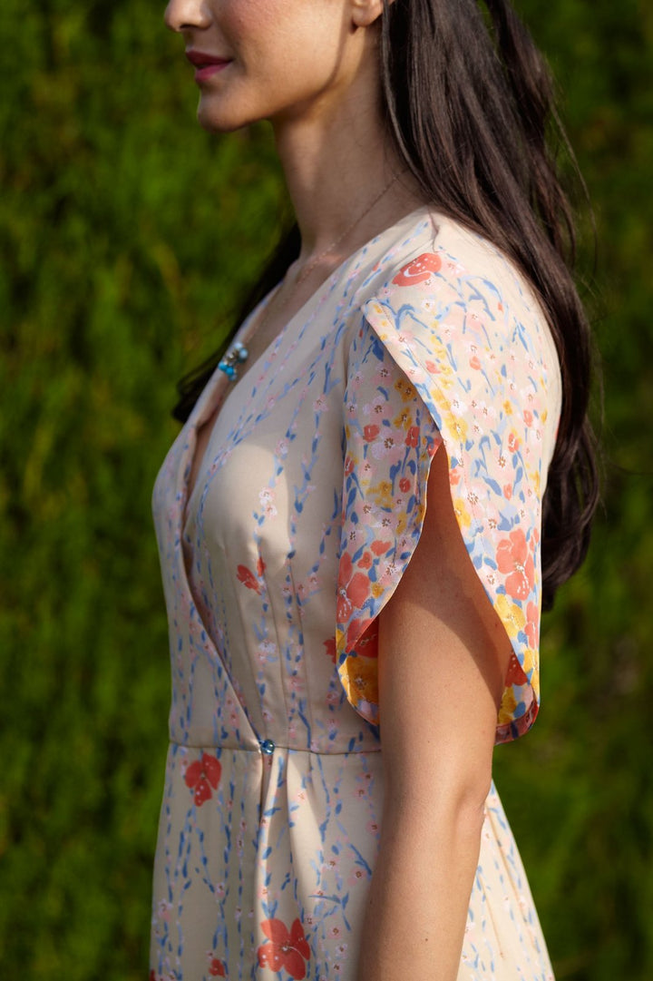 Victory Patterns Nicola wrap dress with tulip skirt, petal sleeves, and sash closure in lightweight fabric