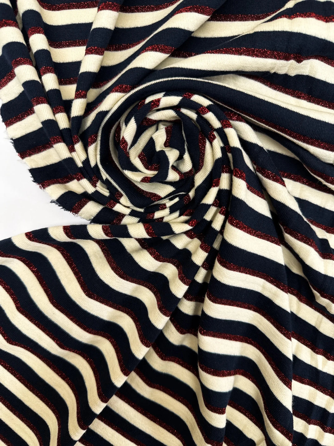 French striped knit fabric in navy, cream, and red lurex – midweight cotton blend, 54 inches wide