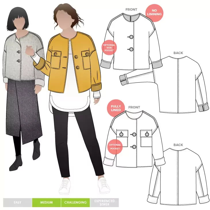 Style Arc Adelaide Woven Jacket sewing pattern with boxy fit and versatile pocket and lining options