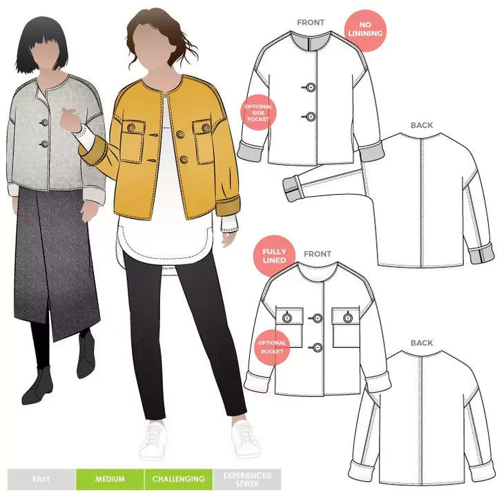 Style Arc Adelaide Woven Jacket sewing pattern with boxy fit and versatile pocket and lining options