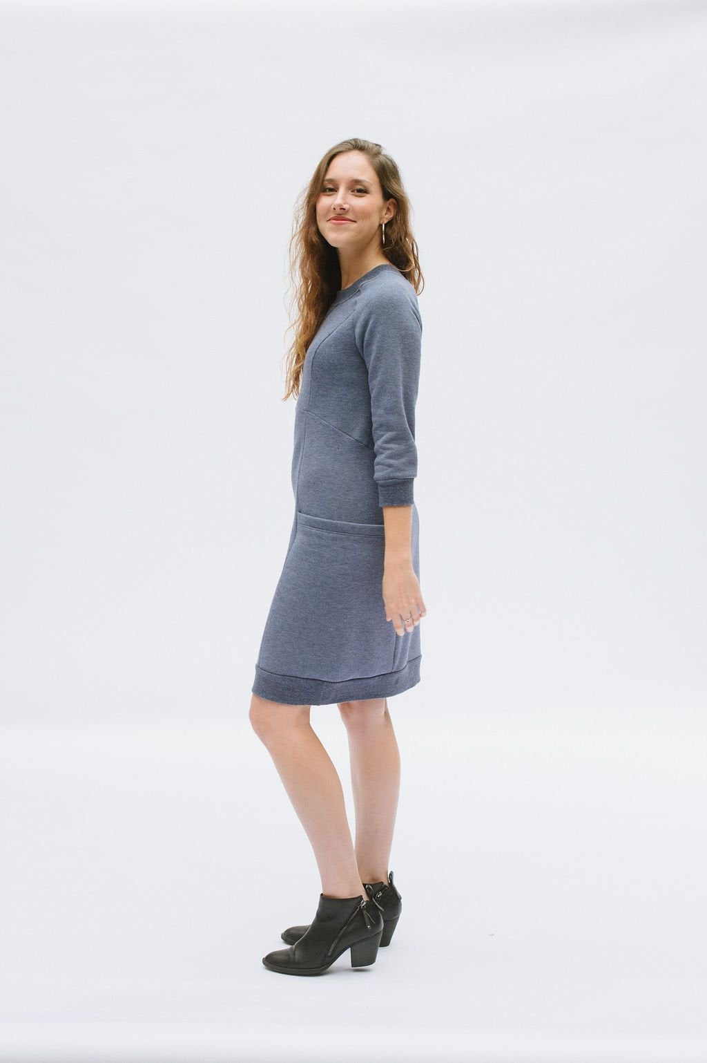 Victory Patterns Lola slip-on sweater dress with raglan sleeves, princess seams, oversized pockets, and ribbed neckline, hem, and cuffs