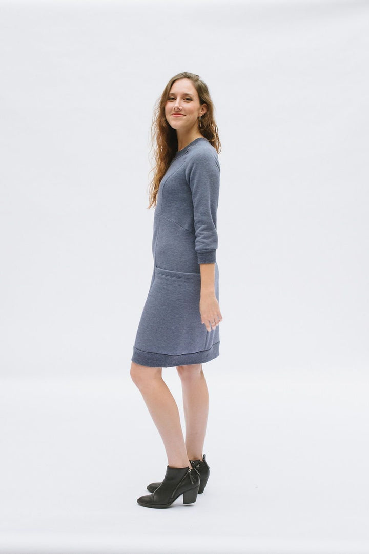 Victory Patterns Lola slip-on sweater dress with raglan sleeves, princess seams, oversized pockets, and ribbed neckline, hem, and cuffs