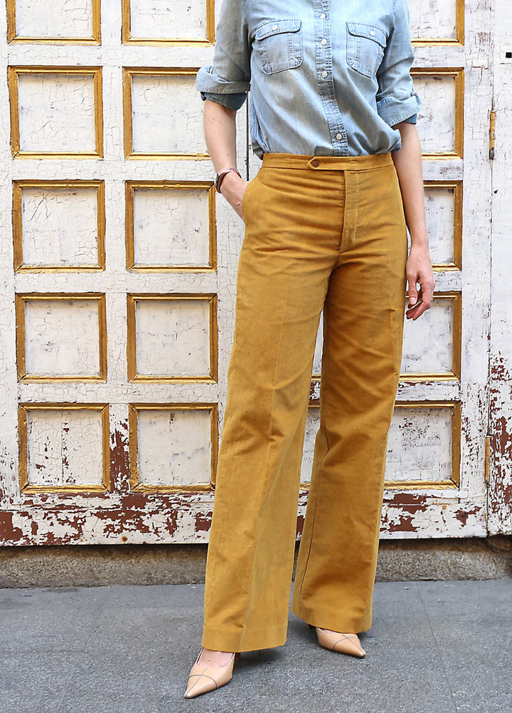 Liesl & Co Hollywood Trousers sewing pattern in lightweight wool with high-rise waist and wide legs